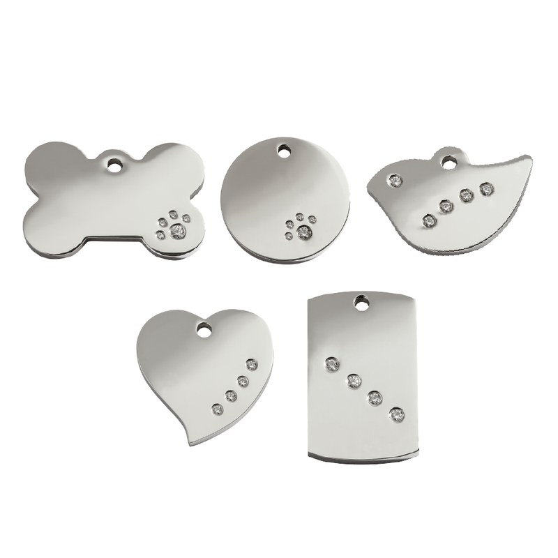 Polished stainless steel PetTags Online tags set with diamante crystals, in bone, round, heart and dog-tag shapes